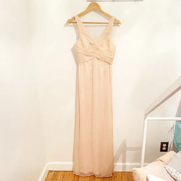 BHLDN Angie Peach Blush Chiffon Pleated V-Neck Maxi Dress – XS - Picture 3 of 11